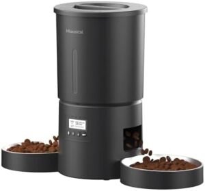 Dual Automatic Cat Feeder 2 Cats,6 Meals/Day,12 Portions/Meal,4.2L Dual Power Double Bowls Feeder,Dry Food Auto Pet Dispenser,10S Voice Record,Flexible Schedule Timer (Black,Stainless Dual Bowls)