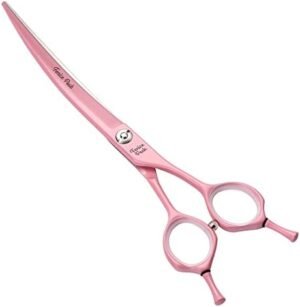 Fenice Peak Curved Dog Grooming Scissors with Pink Color Coating 440C Stainless Steel Pet Grooming Bending Shears Sharp and Durable Comfortable Engonomic Handle