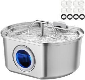 Cat Water Fountain Stainless Steel - Pet Drinking Fountain for Cats Indoor - 3.2L/108oz Automatic Water Dispenser with Watering Level Window (4 Filter)