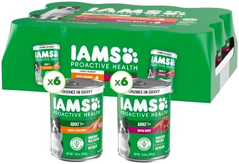 IAMS Proactive Health Adult Wet Dog Food Chicken Chunks in Gravy or Beef Chunks in Gravy, 13 oz. Cans (12 Count, Pack of 1)