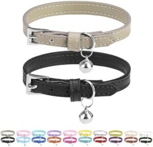 PUPTECK 2 PCS Soft Genuine Leather Cat Kitten Collar with Bells Adjustable for Girl Boy Cats Puppy - Black, Khaki