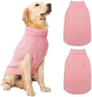 Mihachi Turtleneck Dog Sweater - Winter Coat Apparel Classic Cable Knit Clothes with Leash Hole for Cold Weather, Ideal Gift for Pet in New Year Flesh Pink Medium