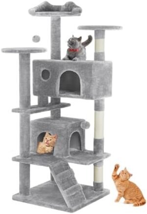 Sweetcrispy 54 Inch Cat Tree Tower, Multi-Level with Cat Scratching Post, Indoor Cat Condo with Climbing Ladder, Plush Toy, Play House for Cat, Light Grey