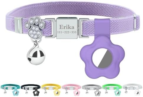 Personalized Safety Elastic Cat Collars with Bell Soft Silicone Cover for Air Tag,Laser Customized Stretch Kitten Collars for Girls Boys Cats (Purple)