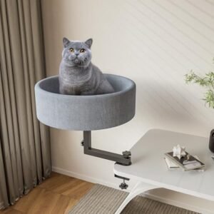 Cat Desk Bed, 360° Rotating Elevated Desk Cat Bed, Adjustable Desk Kitten Bed Up to 55 LBS, Washable Soft Fabric Pet Desks Nest Beds, Modern Indoor Cat Nest Furniture for Home, Office, Study and Room
