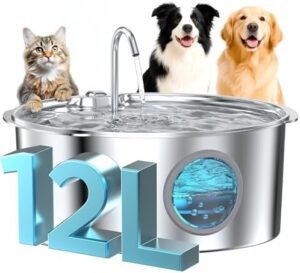 Dog Water Fountain for Large Dogs: Stainless Steel Dog Fountain Water Bowl - 3.2Gal/406oz/12L Super Quiet Big Cat Water Fountain with Visual Water Level -Great for Large Dogs Cats and Multi-Pet Home