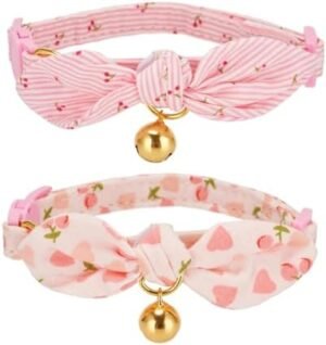 2 Pack Cotton Cat Collar, Removable Bowtie, Floral Pattern, Safety Breakaway Clasp, Adjustable for Cats.(Adult Cat, Pink+Pink)
