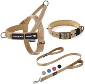 Annchwool No Pull Dog Harness, Collar & Leash Set|Reflective Dog Harness+Heavy Duty Dog Collar+Dog Leash with Double Handle & Car Seatbelt Clip|Easy for Walking Medium Large Size Dogs(Brown,L)