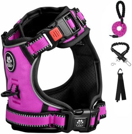 FURRYFECTION Dog Harness | No Pull Dog Harness | Reflective Oxford | Padded Handle | 4 Adjustable Straps | 2 Leash Clips | No Choke Pet Vest Harness for Small Medium Large Dogs | Rose | M