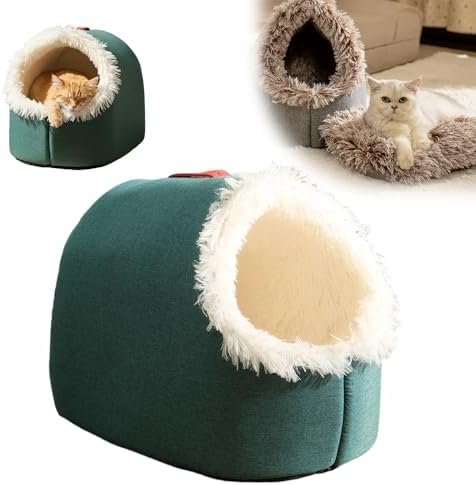 Winter Warm Pet Cave Bed, 2026 New Soft Plush Cozy Indoor Nest for Cats and Small Dogs, Removable Cushion Warming Pets Cozy Enclosed Cat House with Non-Slip Bottom for Winter (Green, Medium)