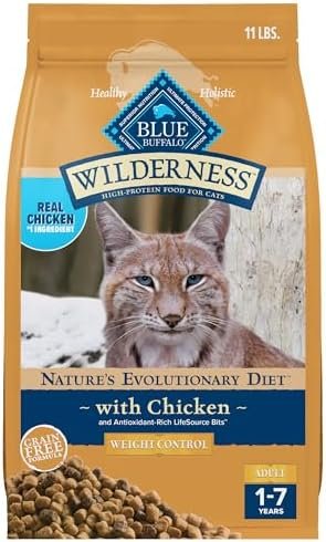 Blue Buffalo Wilderness High-Protein, Grain-Free Natural Dry Food for Adult Cats, Weight Control, Chicken, 11-lb Bag