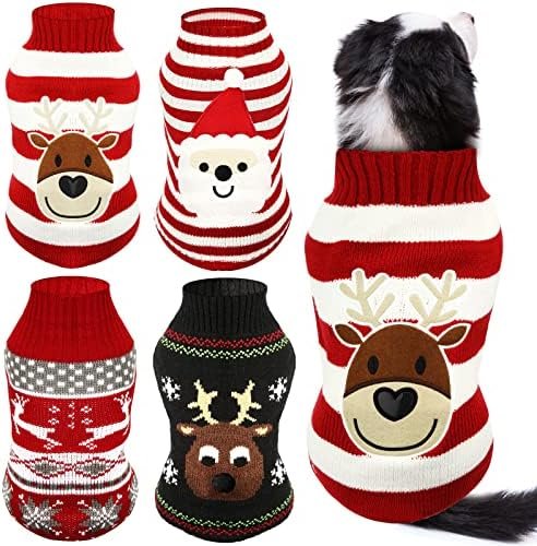 Frienda 4 Pieces Christmas Dog Sweaters Halloween Puppy Holiday Sweaters Santa Reindeer Snowman Snowflake Pumpkin Pet Clothes for Xmas Dog Cat Costume(Cute Pattern,Small)