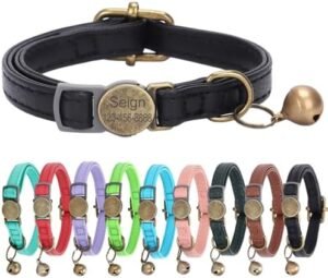 Leather Cat Collar Breakaway, Custom Cat Kitten Collar with Bells, Personalized Cat Collars with Name and Phone Number for Boy Girl Cats (Black, 6.3“-11.8“)