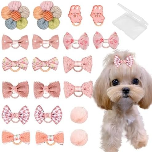 20 Pcs Small Dog Hair Bows with Rubber Bands Handmade Puppy Hair Bows Cute Grooming Flower Ball Bowknot Top Knot Dog Hair Accessories Hair Ties for Yorkie Maltese Pet (Pink) 
