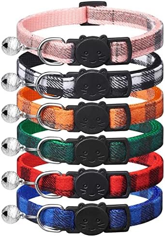 6 Pack Classic Plaid Cat Collars with Bells - Breakaway Kitten Collar and Adjustable 6-9 in,Cute Kitty Collar for Girl Boy Cats,Pet Gifts,Accessories,Supplies,Stuff