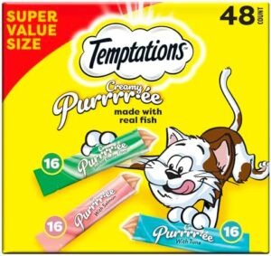 Temptations Creamy Puree Mix-Ups Squeezable Lickable Wet Cat Treats, Tuna Flavor, Salmon Flavor, and Seafood Medley Flavor, 0.42 oz. Tubes, 48 Count