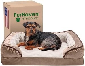 Furhaven Memory Foam Dog Bed for Medium/Small Dogs w/ Removable Bolsters & Washable Cover, For Dogs Up to 35 lbs - Plush & Velvet Waves Perfect Comfort Sofa - Brownstone, Medium