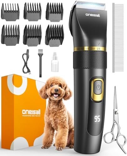 oneisall Dog Clippers Low Noise, Pro Dog Grooming Clippers Kit with Rechargeable Cordless Shaver Trimmer for Dogs Cats, IPX7 Waterproof Pet Clippers Grooming at Home
