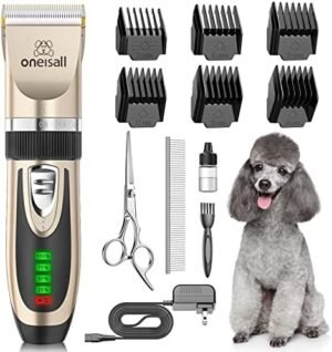 oneisall Dog Clippers Low Noise, 2-Speed Quiet Dog Grooming Kit Rechargeable Cordless Pet Hair Clipper Trimmer Shaver for Small and Large Dogs Cats Animals (Gold)
