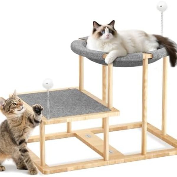 Pawaboo Elevated Cat Hammock Bed, 2-Tier Cats Bed with 2 Teasers, Wooden Cats Furniture with Kitten Scratching Mat,Double Cat Beds Interactive Stair Shaped Pet Hammock for Indoor Kitties Climbing